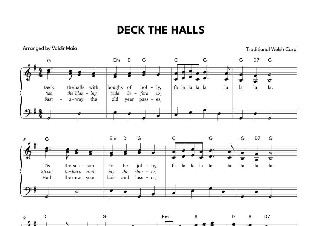 Deck The Halls - Piano in G Major (Chords and Lyrics) (arr. Valdir Maia)