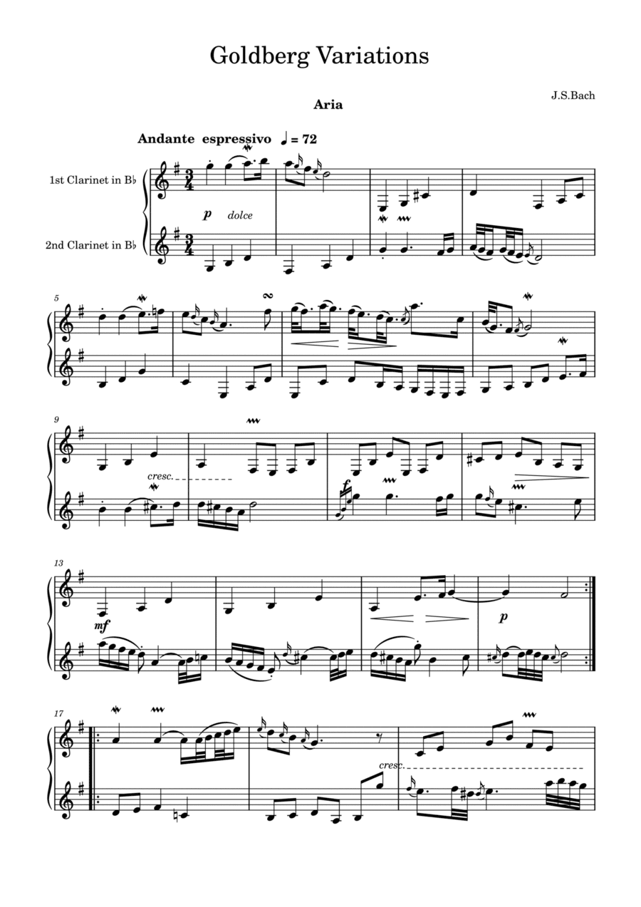 J.S.Bach: Aria of Goldberg Variations for two clarinets (arr. Saho Omukai)