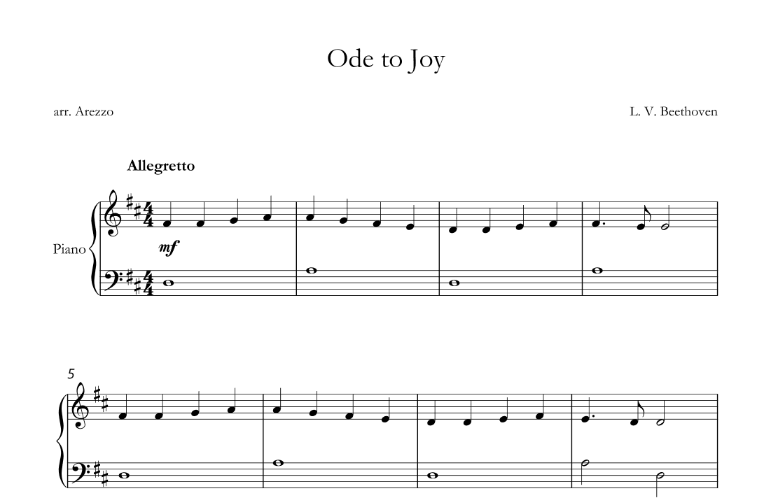 ode to joy easy piano sheet music - D major (arr. Arezzo Music)