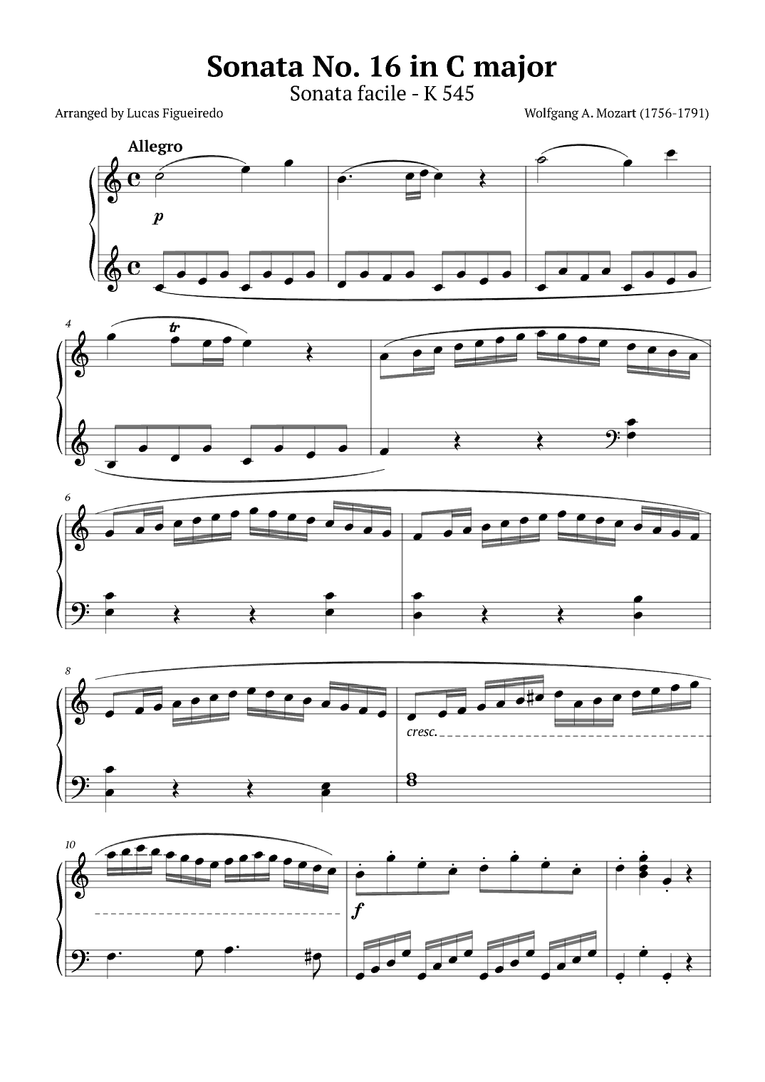 Sonata Facile (No 16 in C major, K.545) Allegro (First Movement) - Mozart (arr. Lucas Figueiredo)