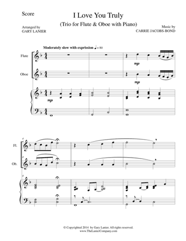 I LOVE YOU TRULY (Trio – Flute, Oboe, and Piano with Score and Parts) (arr. Gary Lanier)