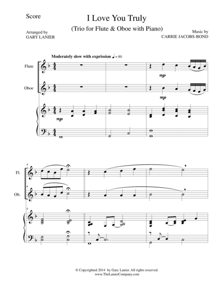 I LOVE YOU TRULY (Trio – Flute, Oboe, and Piano with Score and Parts) (arr. Gary Lanier)