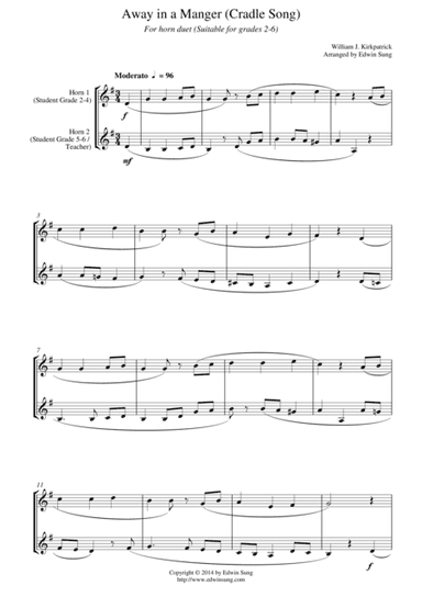 Away in a Manger (Cradle Song) (for horn duet, suitable for grades 2-6) (arr. Edwin Sung)