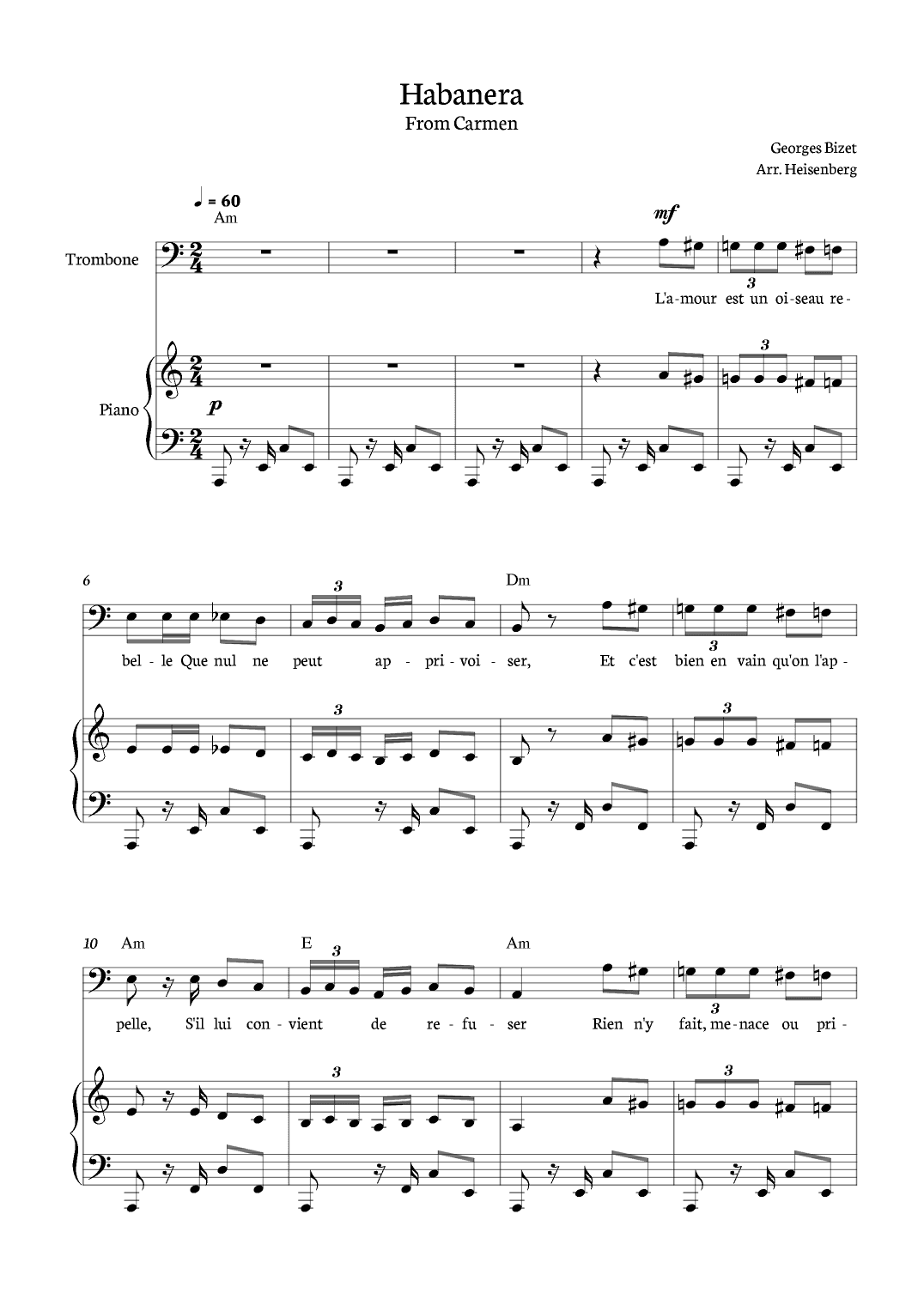 Habanera from Carmen for Trombone with piano and chords. (arr. Heisenberg)