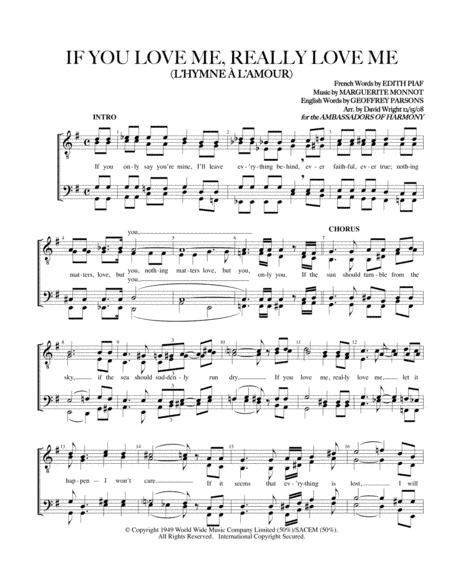 If You Love Me Really Love Me (hymne A L'amour) (arr. David Wright)