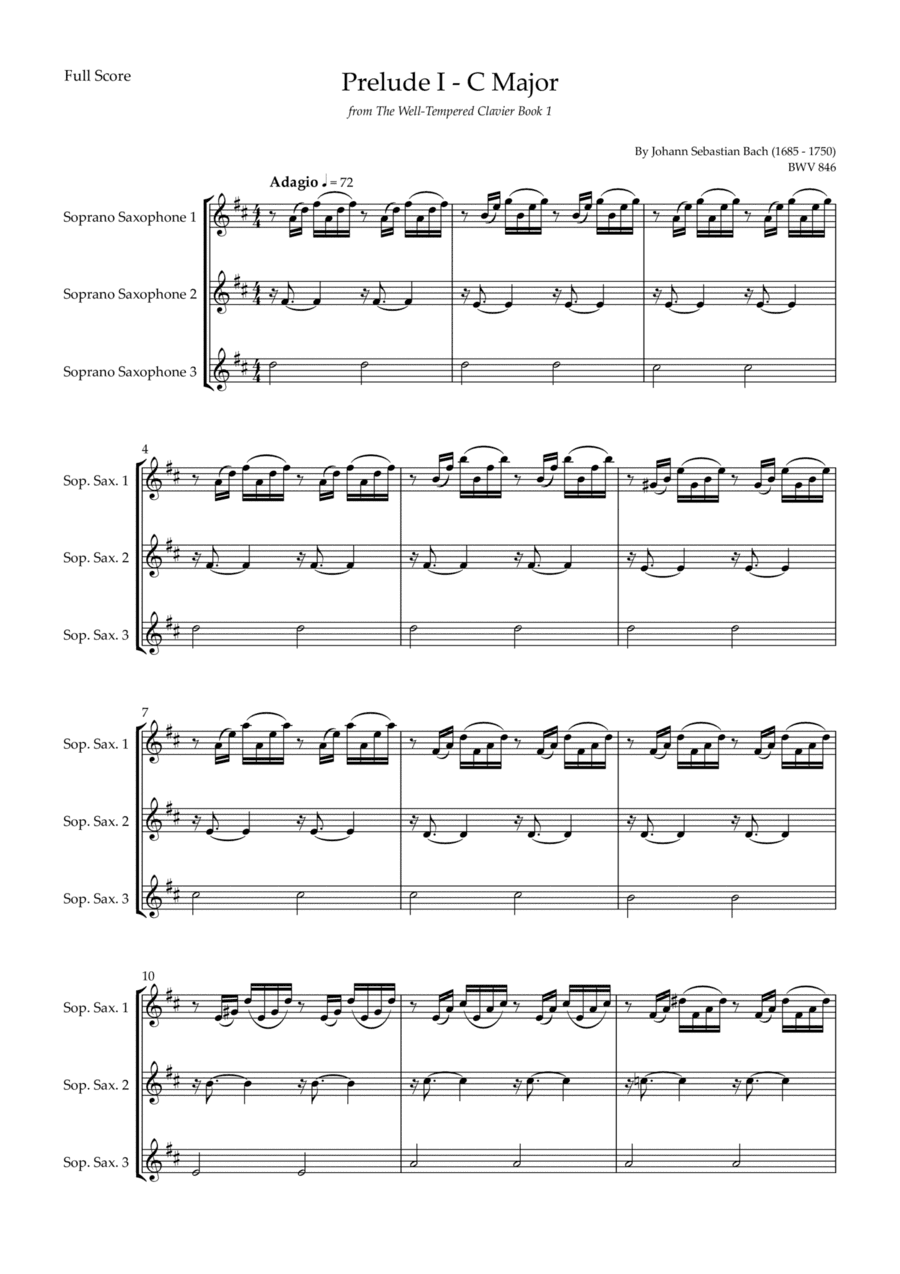 Prelude 1 in C Major BWV 846 (from Well-Tempered Clavier Book 1) for  Soprano Saxophone Trio (arr. Fabio Britto)