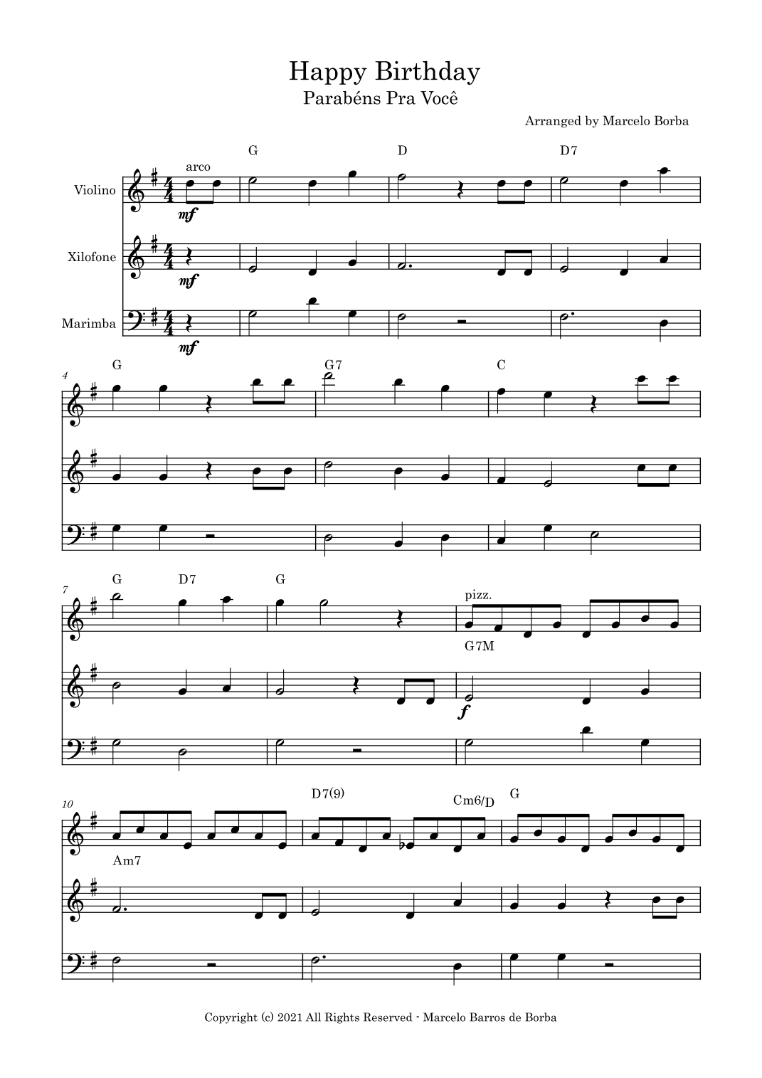 Happy Birthday - Parabéns Pra Você (Violin, Xylophone and Marimba) (arr. Marcelo Borba)