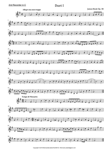 James Hook, 6 Duetts op. 58 for 2 Recorders in C  2nd part (arr. B. Brennan)