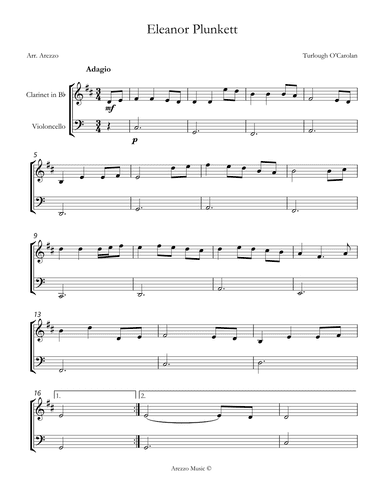 turlough'o carolan eleanor plunkett Clarinet and Cello sheet music (arr. Arezzo Music)