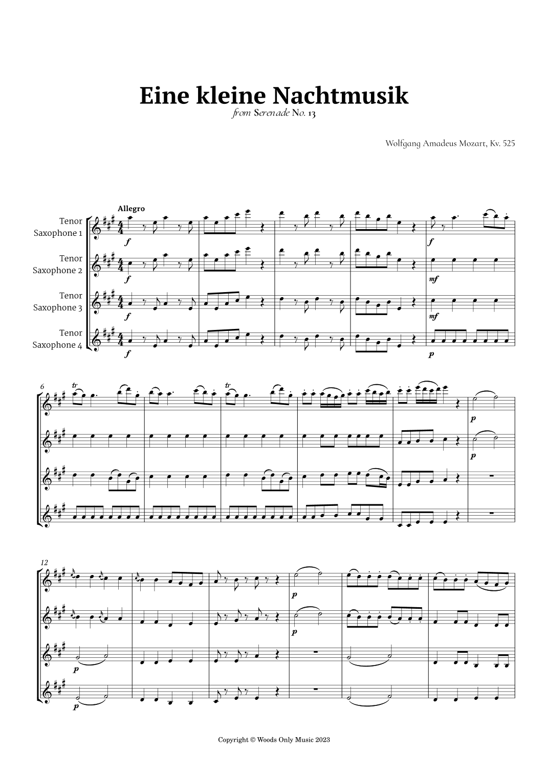 Eine kleine Nachtmusik by Mozart for Tenor Sax Quartet (arr. Ander)