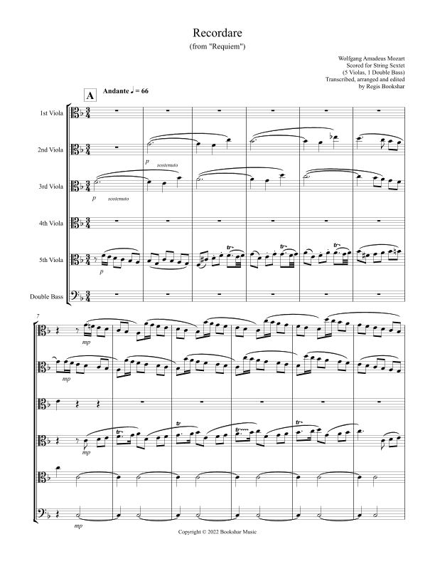 Recordare (from "Requiem") (F) (String Sextet - 5 Violas, 1 Bass) (arr. Regis Bookshar)