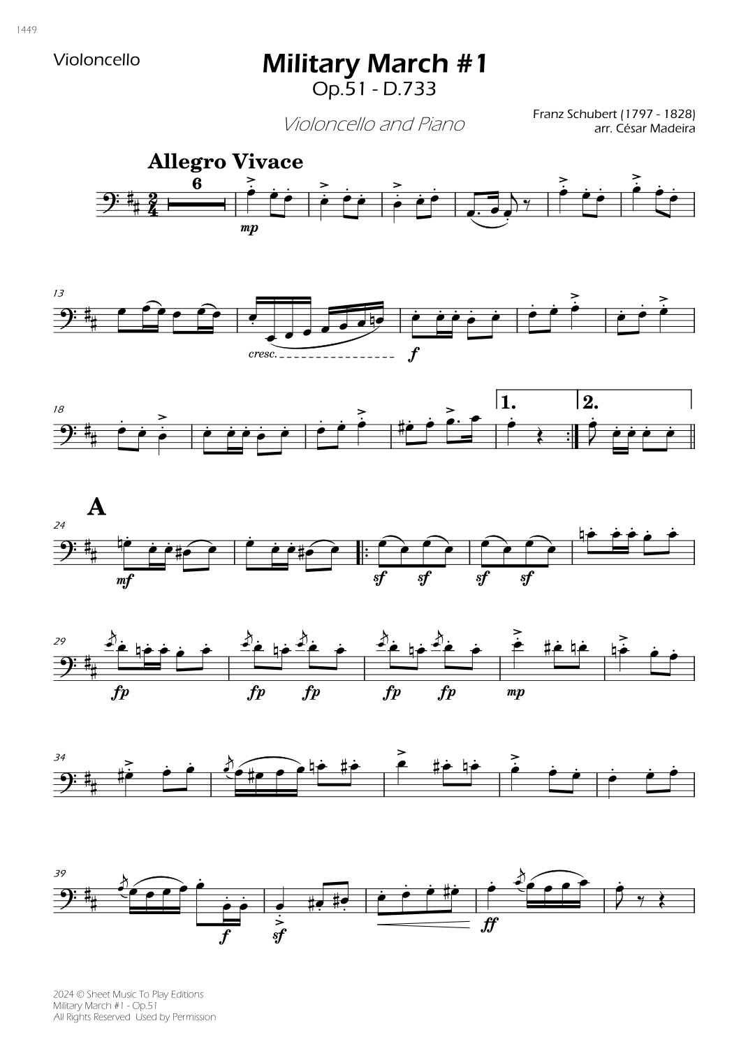 Military March No.1, Op.51 - Cello and Piano (Individual Parts) (arr. César Madeira)