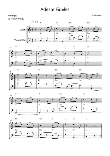 Adeste Fideles Violin and Cello W Slurs and Chord Symbols (arr. Arezzo Music)
