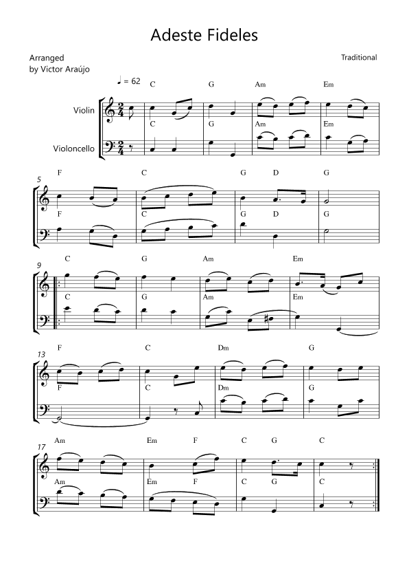 Adeste Fideles Violin and Cello W Slurs and Chord Symbols (arr. Arezzo Music)