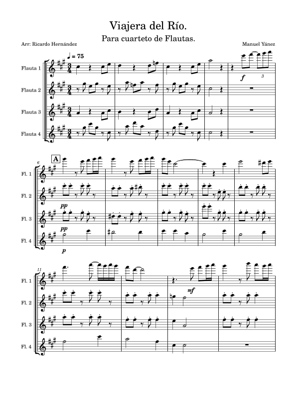 Viajera del río. Flute quartet - Score Only (arr. Ricardo Hernández)