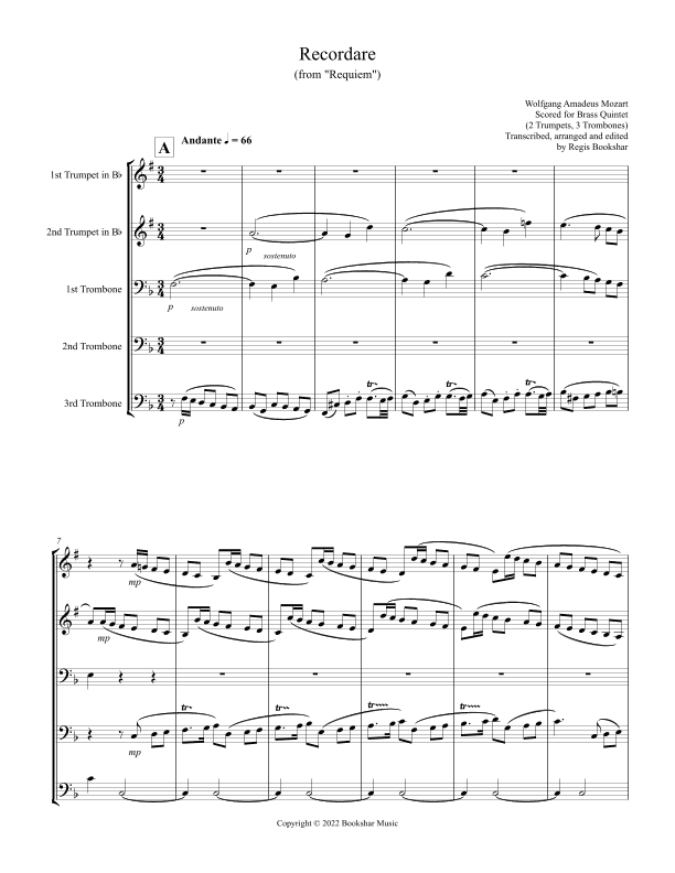 Recordare (from "Requiem") (F) (Brass Quintet - 2 Trp, 3 Trb) (arr. Regis Bookshar)