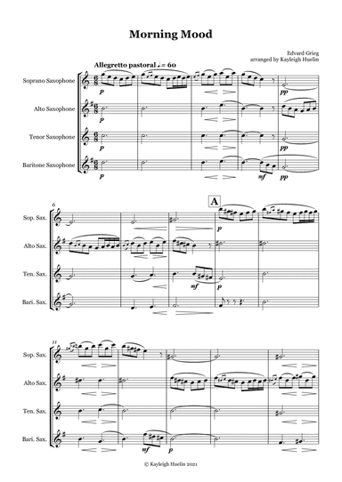Morning Mood by Edvard Grieg - Saxophone quartet (SATB) (arr. Kayleigh Huelin)