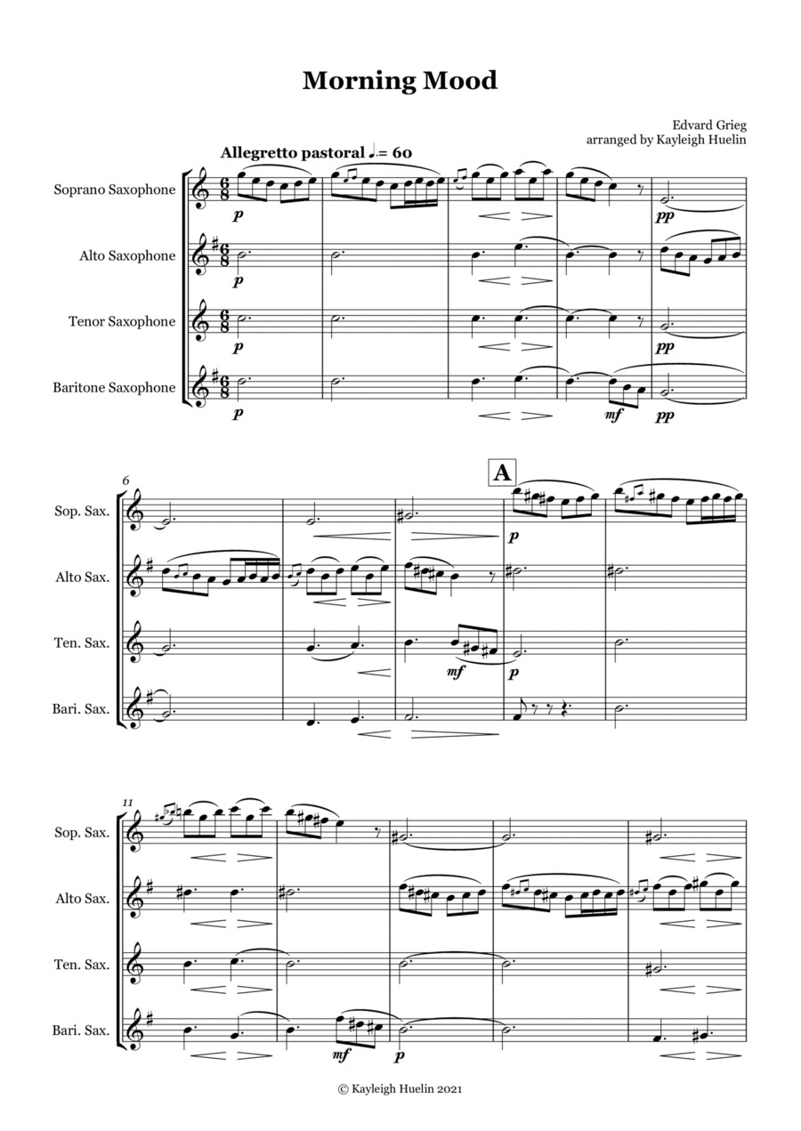 Morning Mood by Edvard Grieg - Saxophone quartet (SATB) (arr. Kayleigh Huelin)