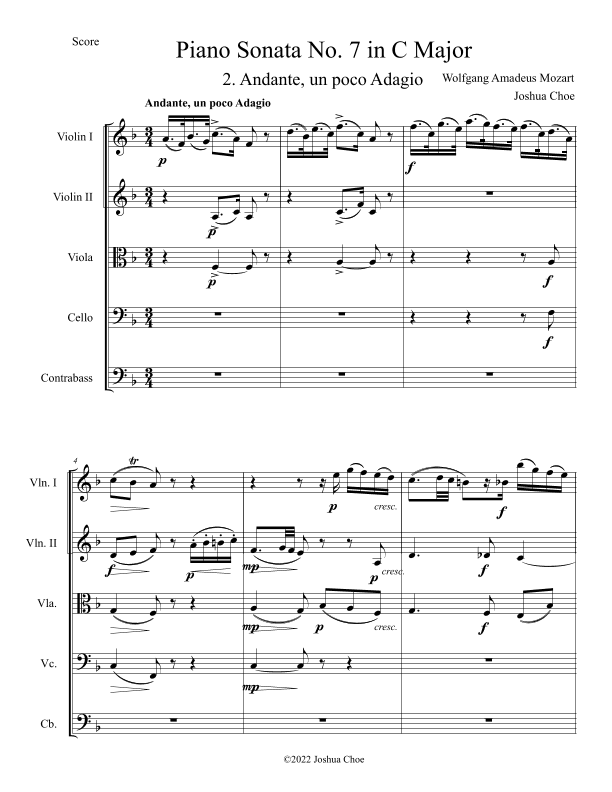 Piano Sonata No. 7 in C Major, Movement 2 (arr. Joshua Choe)