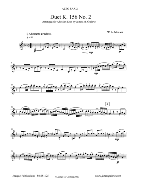 Mozart: Duet K. 156 No. 2 for Alto Sax Duo (arr. James M. Guthrie, ASCAP)