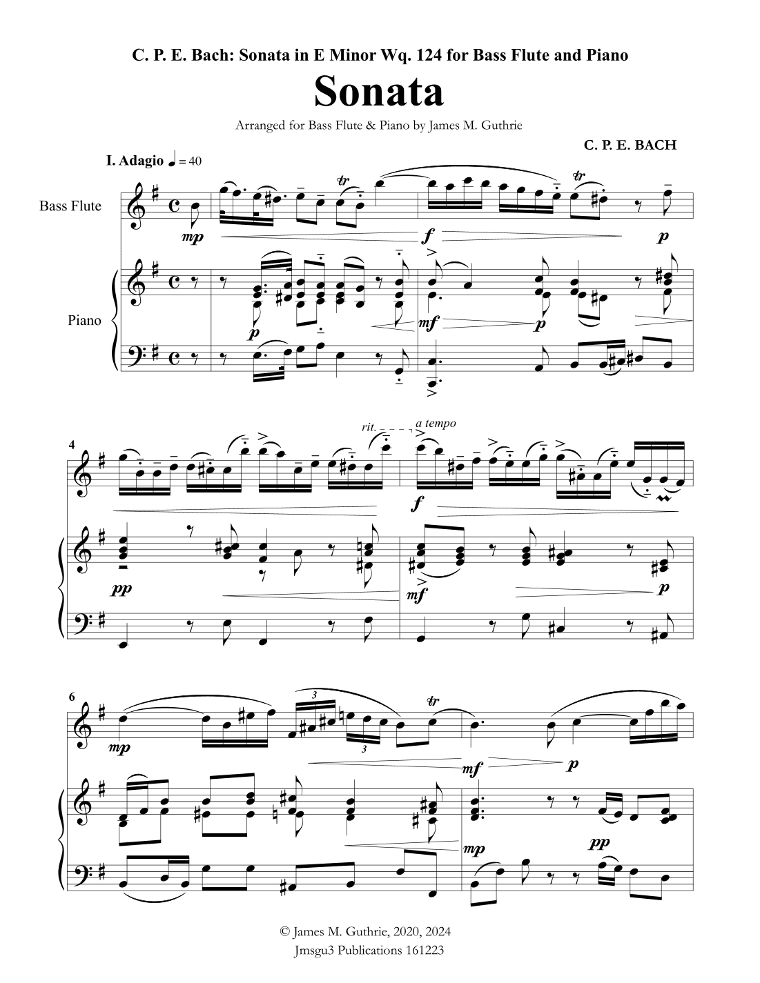 CPE BACH: Sonata in E Minor WQ124 for Bass Flute & Piano (arr. James Guthrie, ASCAP)