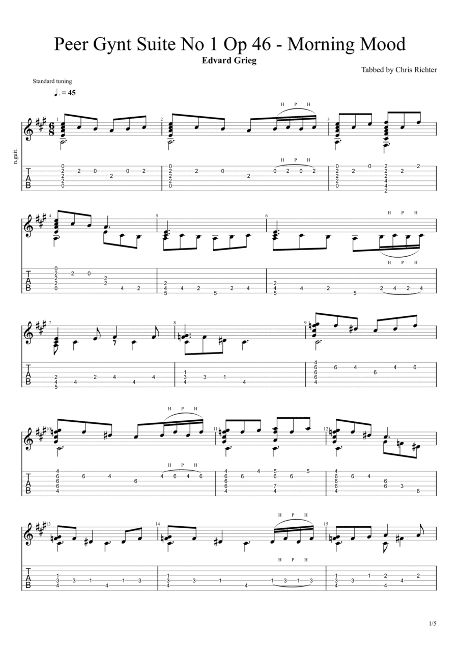 Peer Gynt - Suite No. 1, Op. 46 - I. Morning Mood (Solo Fingerstyle Guitar Tab) (arr. Chris Richter)
