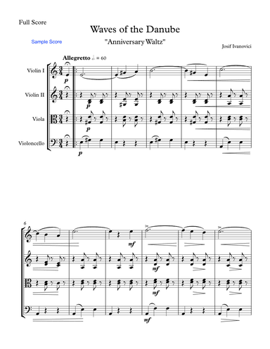 WAVES OF THE DANUBE "Anniversary Waltz" String Quartet, Intermediate Level for 2 violins, viola and (arr. Sherry Lewis)
