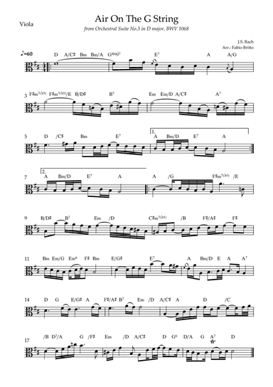 Air On The G String (J.S. Bach) for Viola Solo with Chords (arr. Fabio Britto)