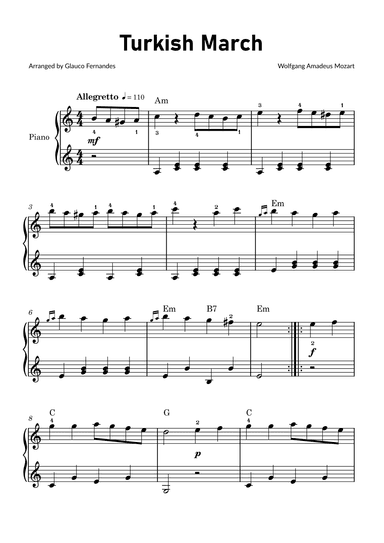 Turkish March by Mozart - Easy Piano with Chords (arr. Glauco Fernandes)