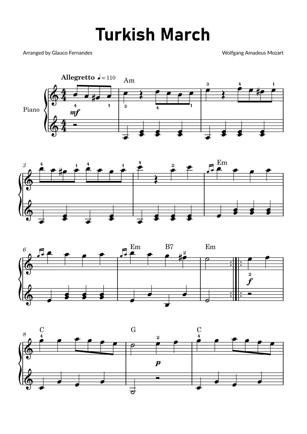 Turkish March by Mozart - Easy Piano with Chords (arr. Glauco Fernandes)