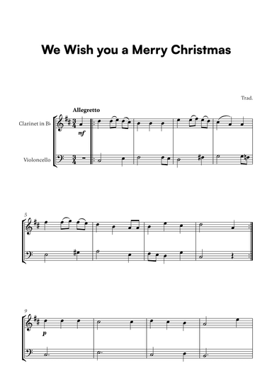 Trad. - We Wish you a Merry Christmas (for Clarinet and Cello) (arr. Cadenza Editions)