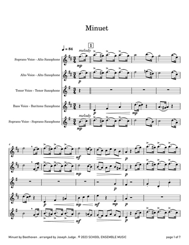 Minuet by Beethoven for Saxophone Quartet in Schools (arr. Joseph Judge)