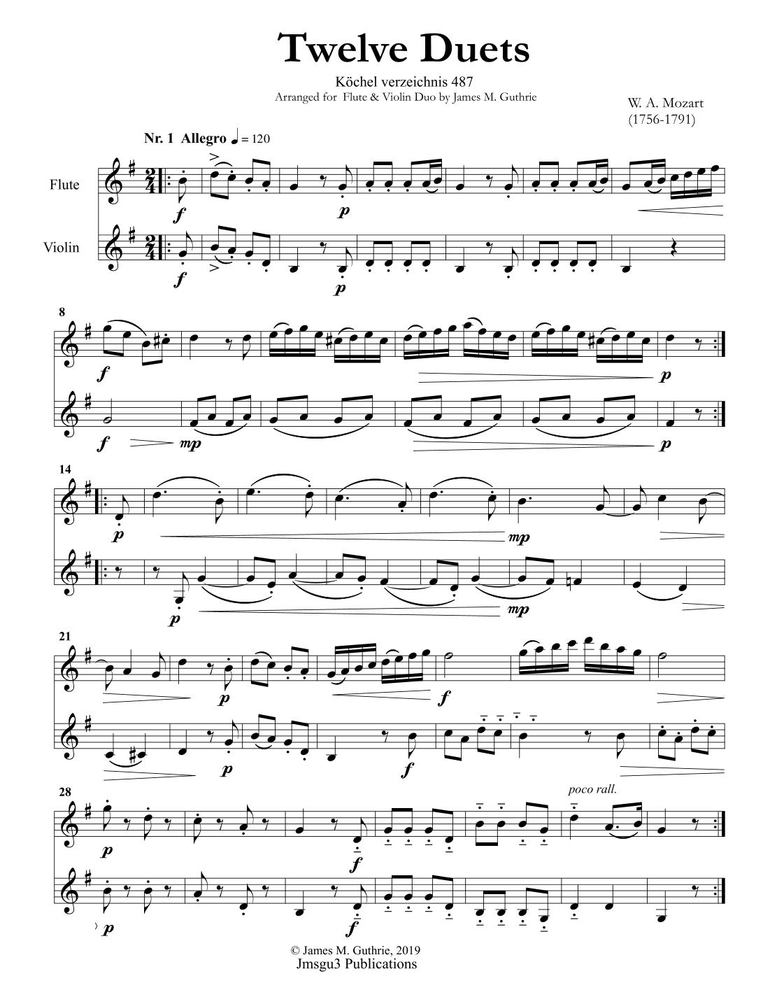 Mozart: Twelve Duets K. 487 for Flute & Violin (arr. James M. Guthrie, ASCAP)