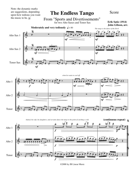 The Endless Tango by Erik Satie set for sax trio (arr. John Gibson)