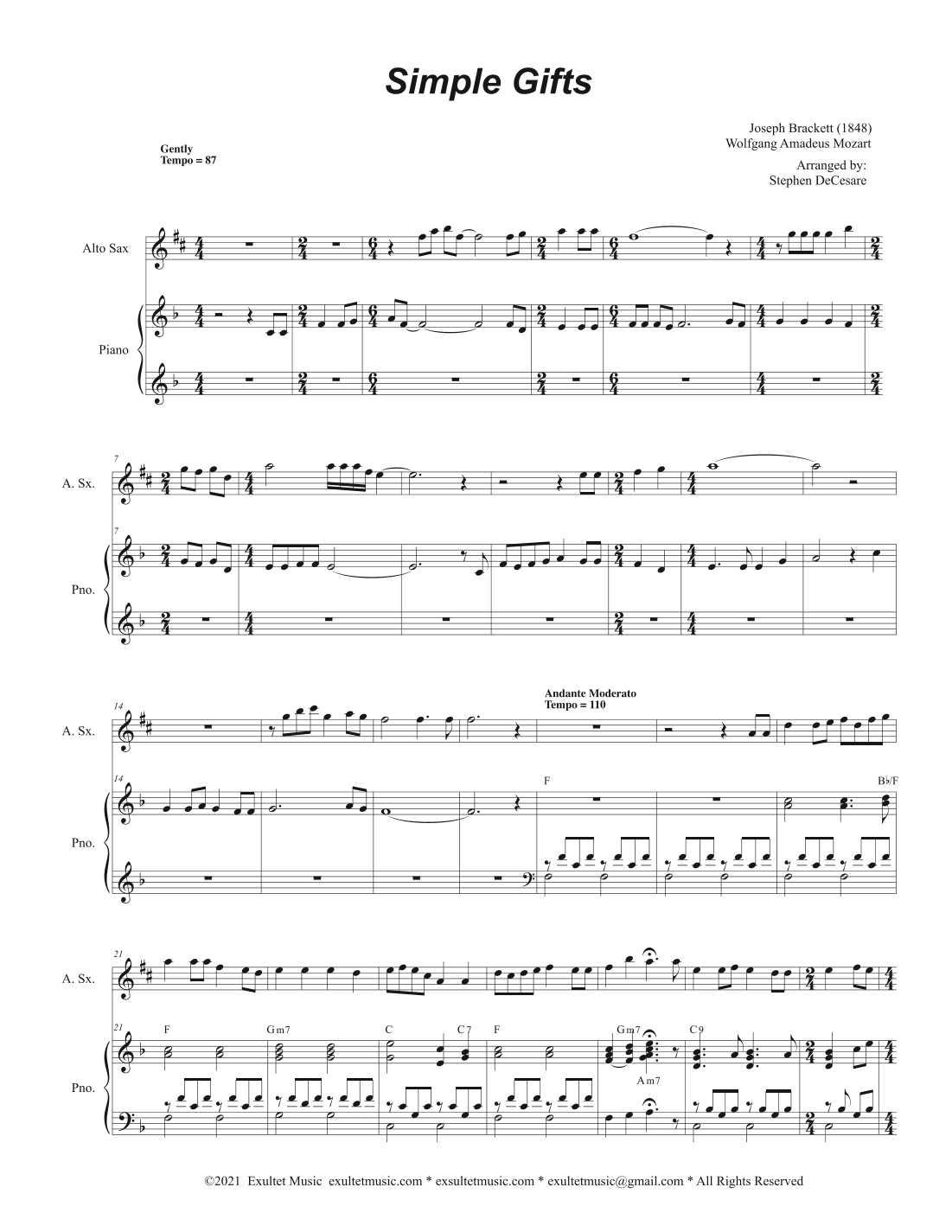 Simple Gifts (Alto Saxophone and Piano) (arr. Stephen DeCesare)
