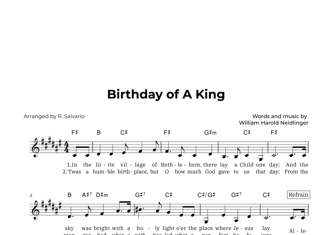 Birthday of A King (Key of F-Sharp Major) (arr. R. Salvario)
