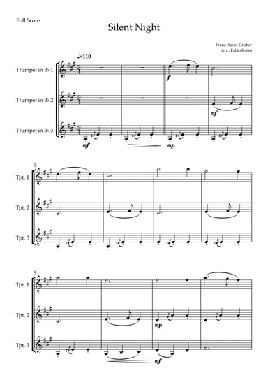 Silent Night (Christmas Song) for Trumpet in Bb Trio (arr. Fabio Britto)