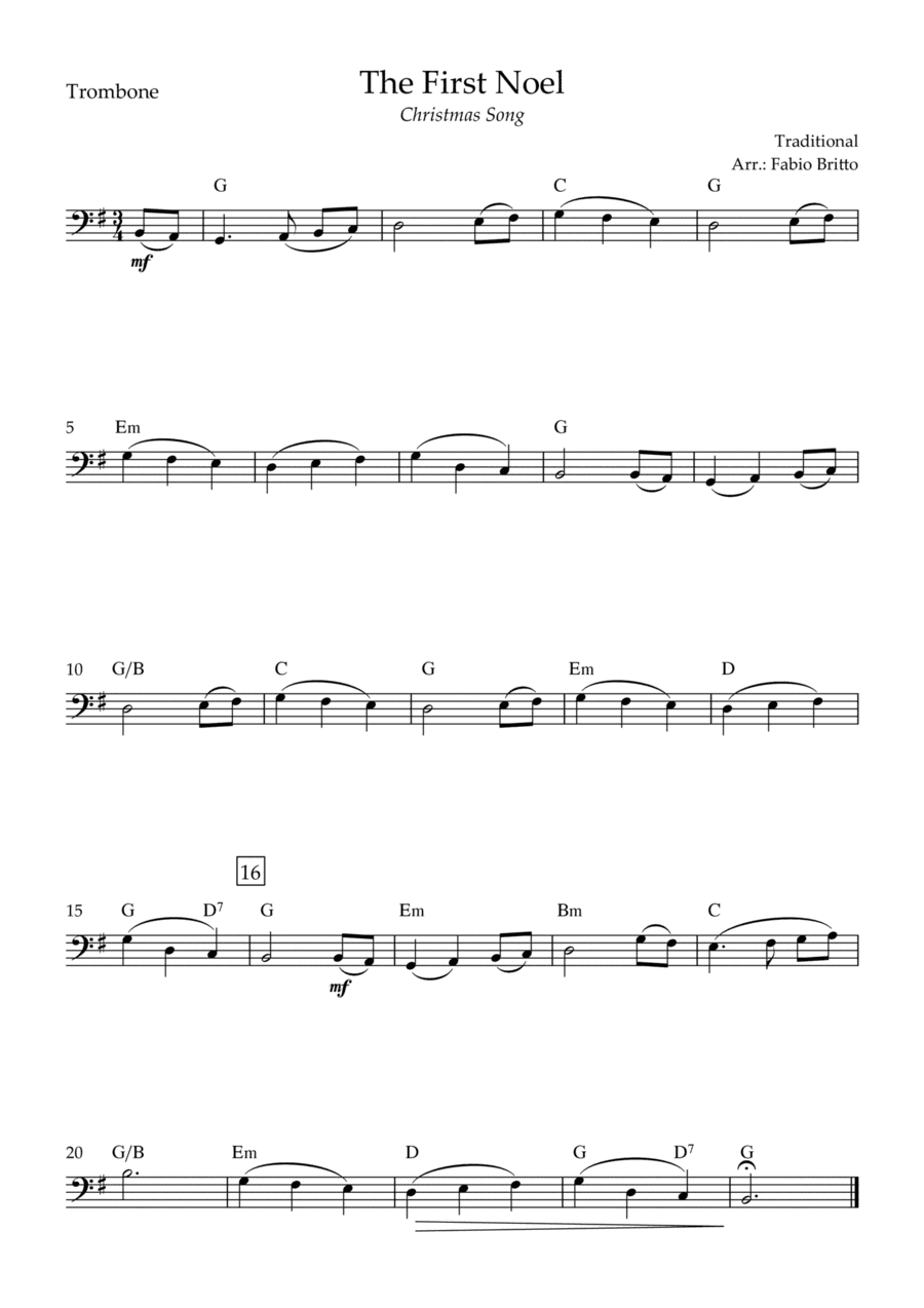 The First Noel (Christmas Song) for Trombone Solo with Chords (arr. Fabio Britto)