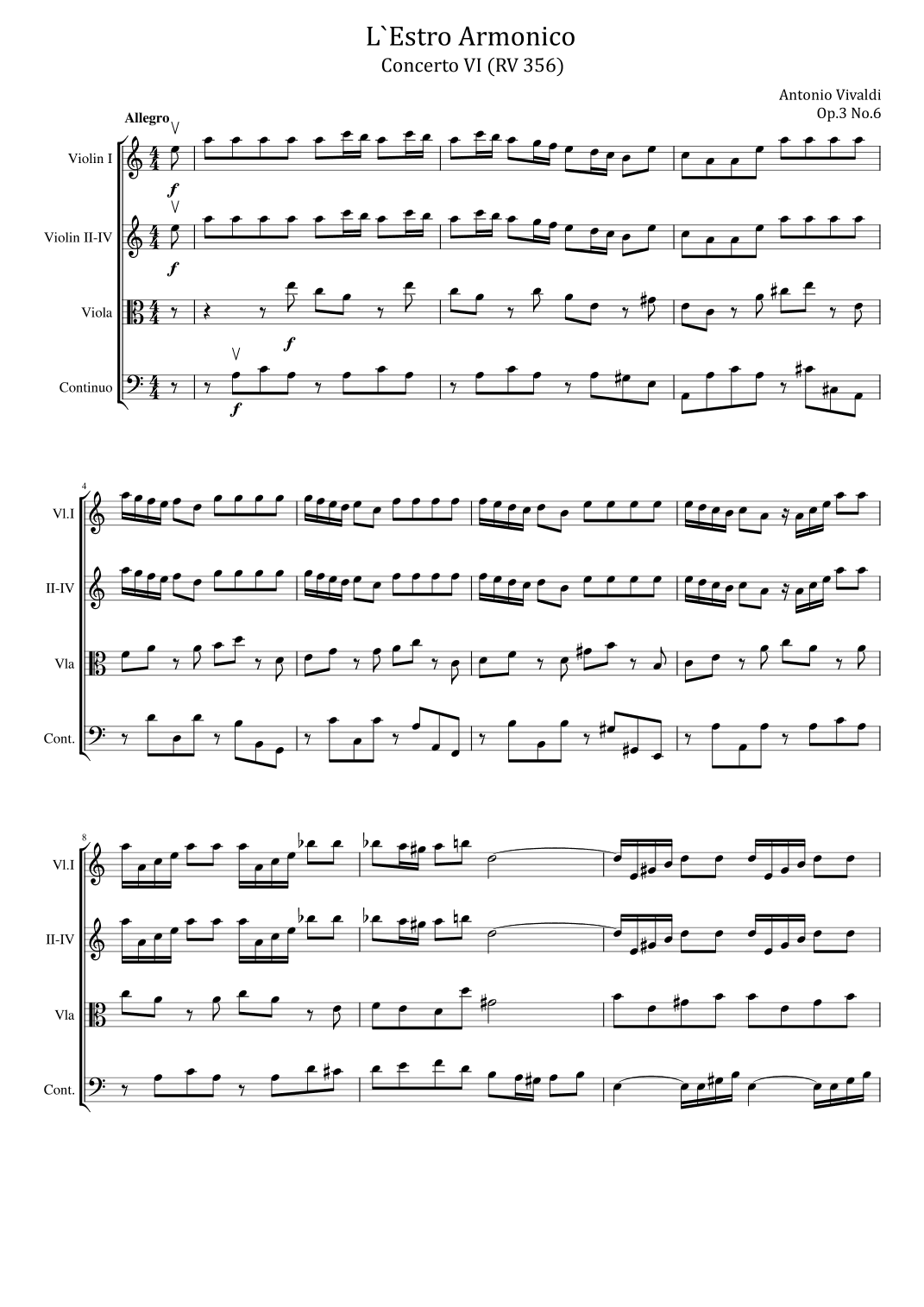 Vivaldi - Violin Concerto in A minor, RV 356 Op.3 No.6 L`Estro Armonico For String Quartet Original (arr. poon)