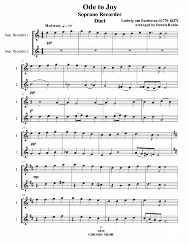 Ode to Joy - Soprano Recorder Duet - Intermediate (arr. Dennis Ruello)