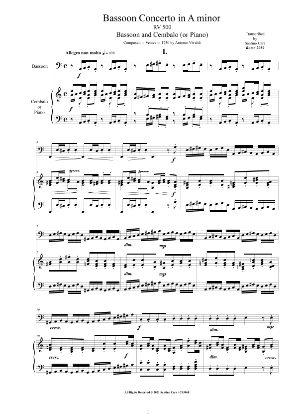 Vivaldi - Bassoon Concerto in A minor RV 500 for Bassoon and Cembalo (or Piano) (arr. Santino Cara)