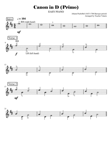Canon in D - EASY PIANO DUET with note names and finger numbers (arr. Published Harmony Valarie)