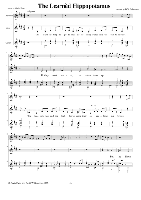 The learned hippopotamus for voice, recorder and guitar