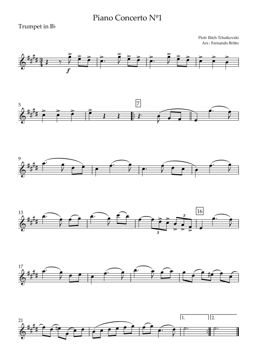 Piano Concerto Nº 1 - 1st Mov. Theme (P. Tchaikovsky) for Trumpet in Bb Solo (D Major) (arr. Fernando Britto)