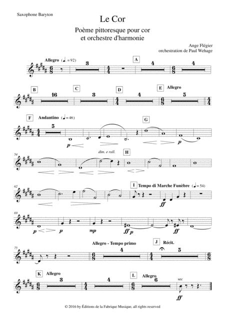 Ange Flégier: Le Cor for solo horn and concert band, baritone saxophone part (arr. Paul Wehage)