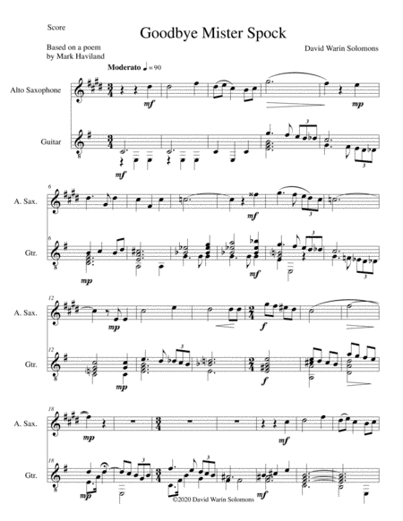 Goodbye Mister Spock for alto saxophone and guitar