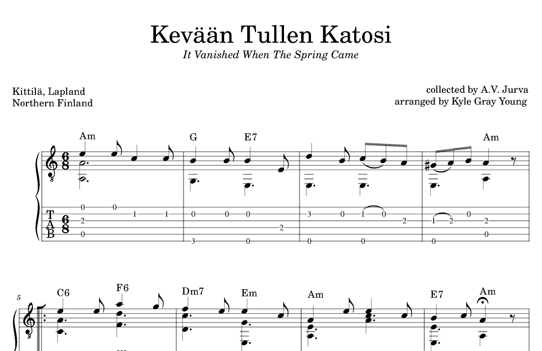 Kevään Tullen Katosi (It Vanished When The Spring Came) (guitar tab) (arr. Kyle Gray Young)