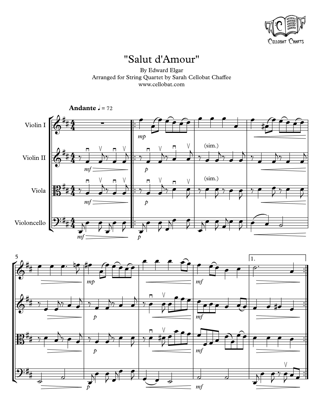 Salut d'Amour for String Quartet - Edward Elgar arr. Cellobat (arr. Sarah Cellobat Chaffee)