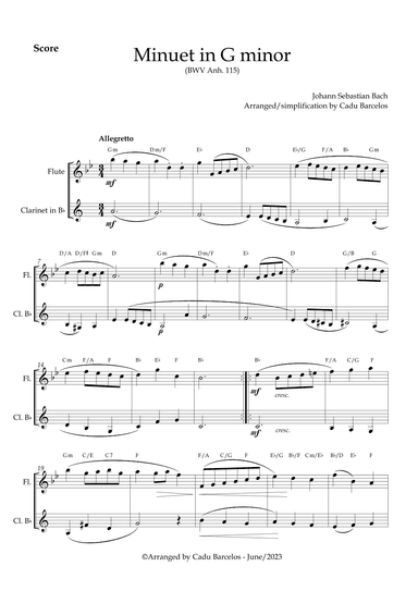 Minuet in G minor BWV anh 115 (Bach) Flute and Clarinet Chords (arr. Cadu Barcelos)