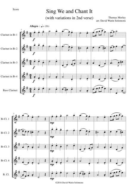 Sing we and chant it (with variations) for clarinet quintet (4 B flats and 1 bass) (arr. David Warin Solomons)